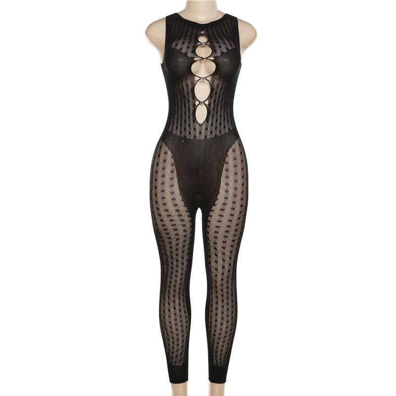 Fishnet button sleeveless solid hollow out jumpsuit