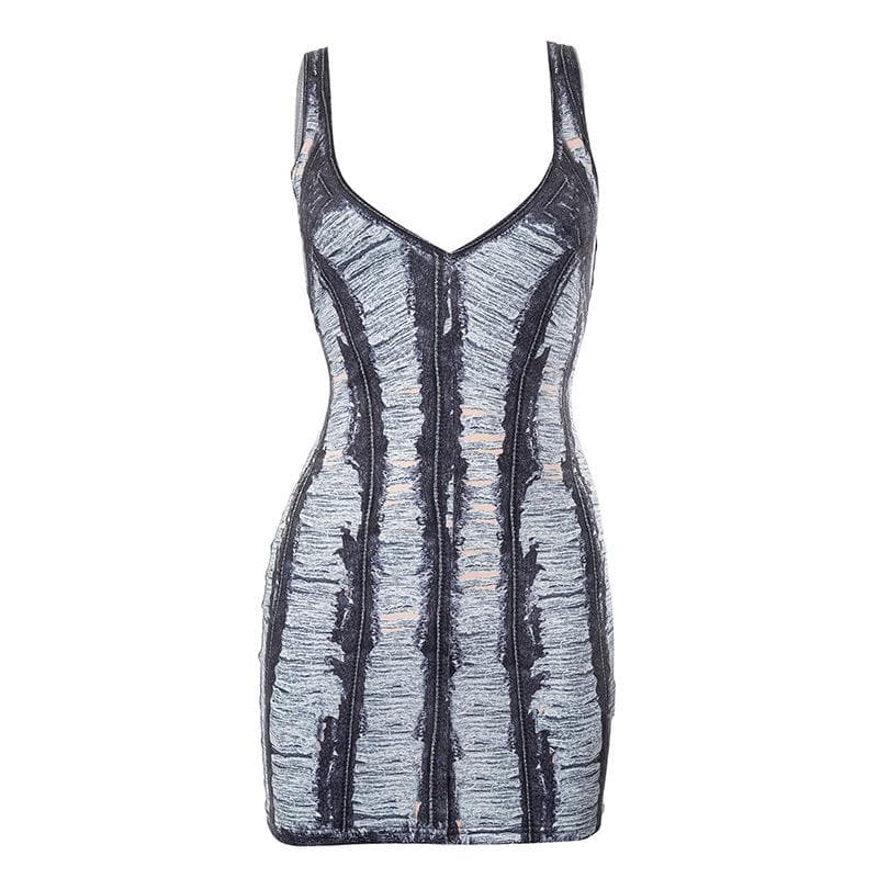 Denim print v neck backless contrast sleeveless mini dress