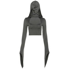 Flared sleeve hoodie u neck solid crop top