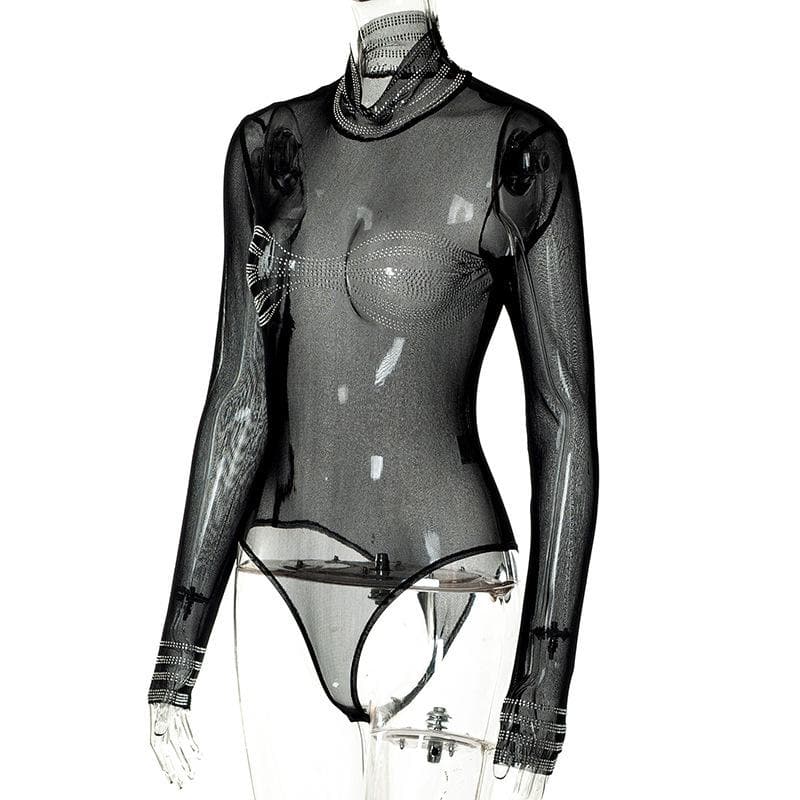 Beaded high neck long sleeve sheer mesh see through bodysuit