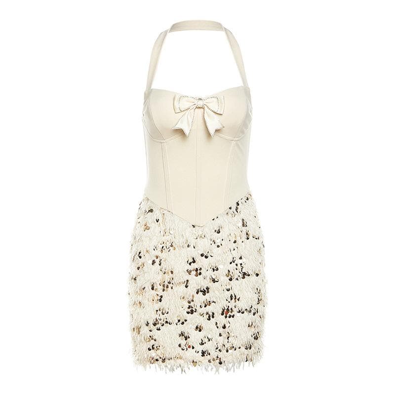 Halter bowknot feather glitter bustier beaded mini dress