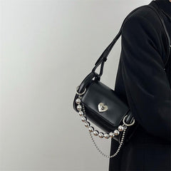 Beaded metal chain PU sliver heart crossbody bag