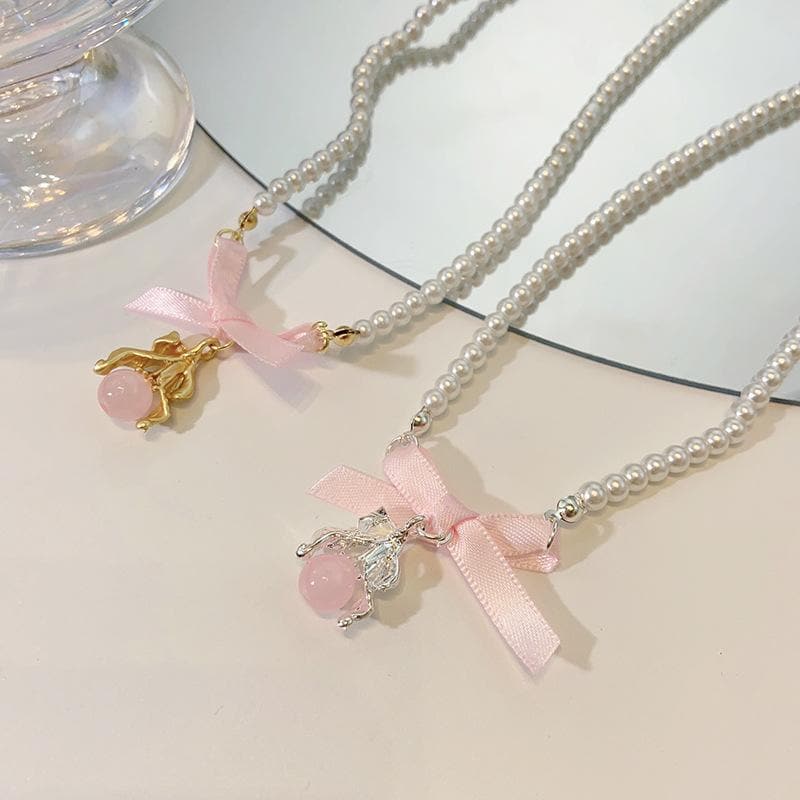 Bowknot faux pearl pendant choker necklace