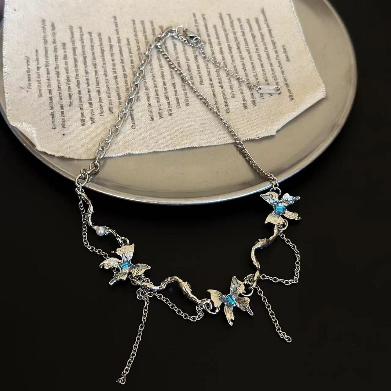 Blue butterfly metal chain layered choker necklace