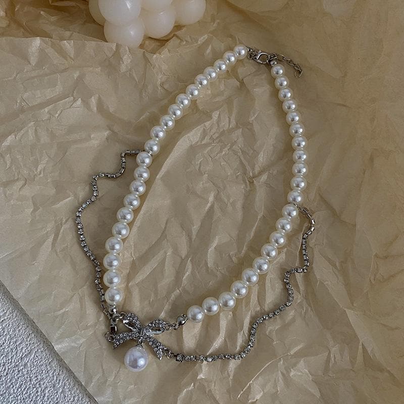 Faux pearl bowknot layered choker necklace