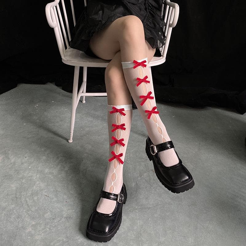 Bowknot hollow out knee high socks