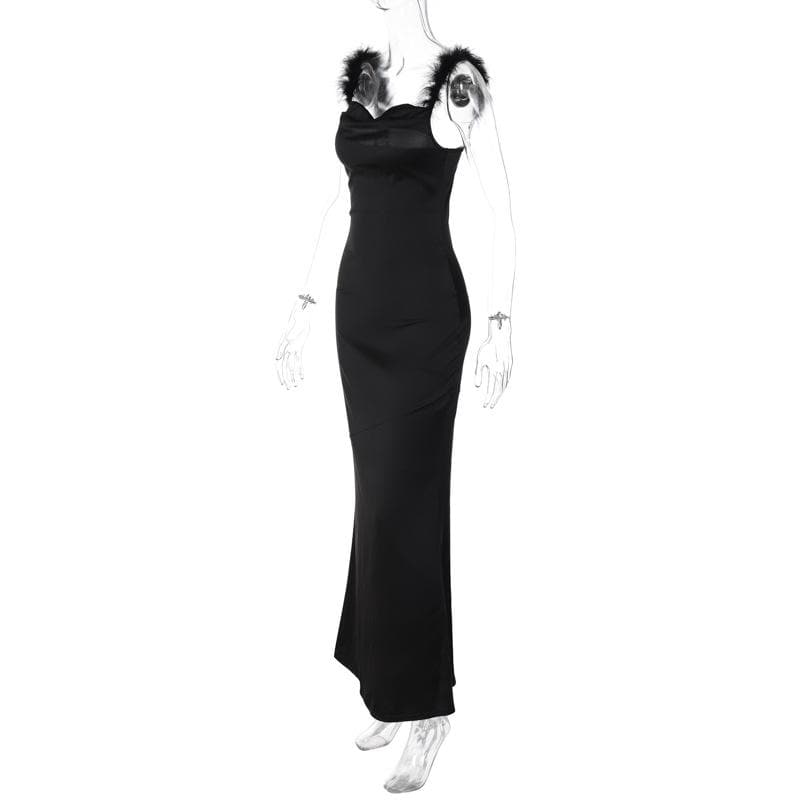 Feather cowl neck ruched solid backless maxi dress