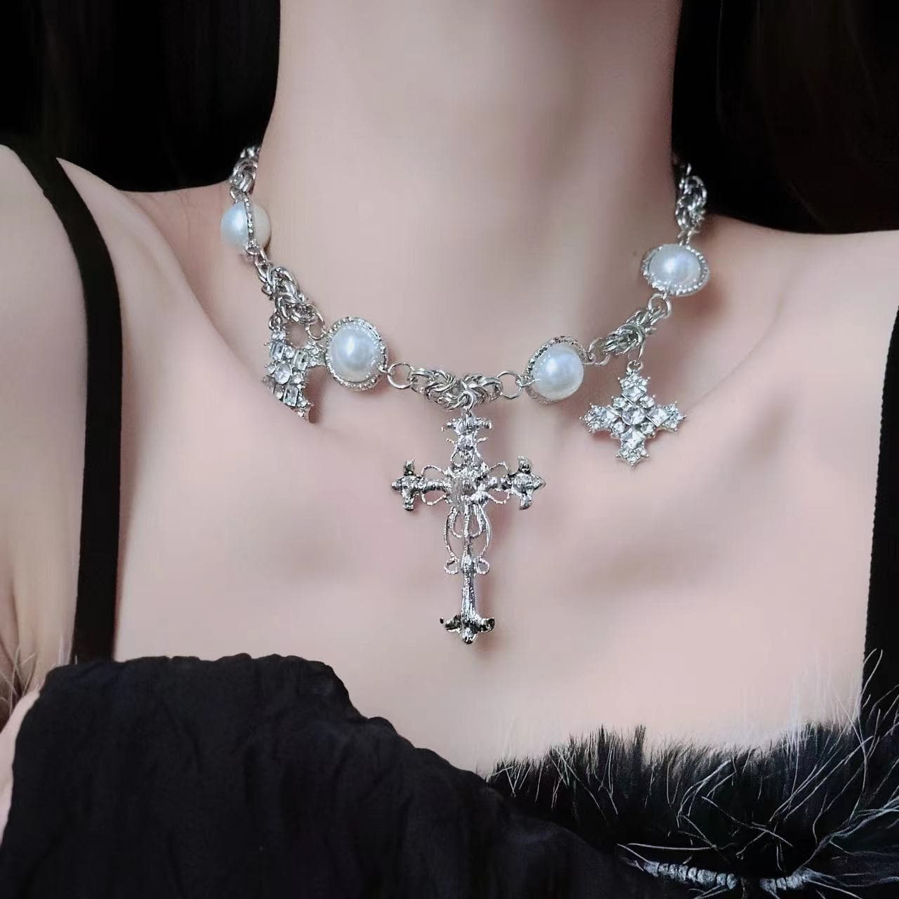 Faux pearl cross pendant choker necklace