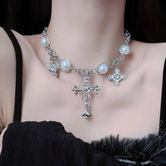 Faux pearl cross pendant choker necklace