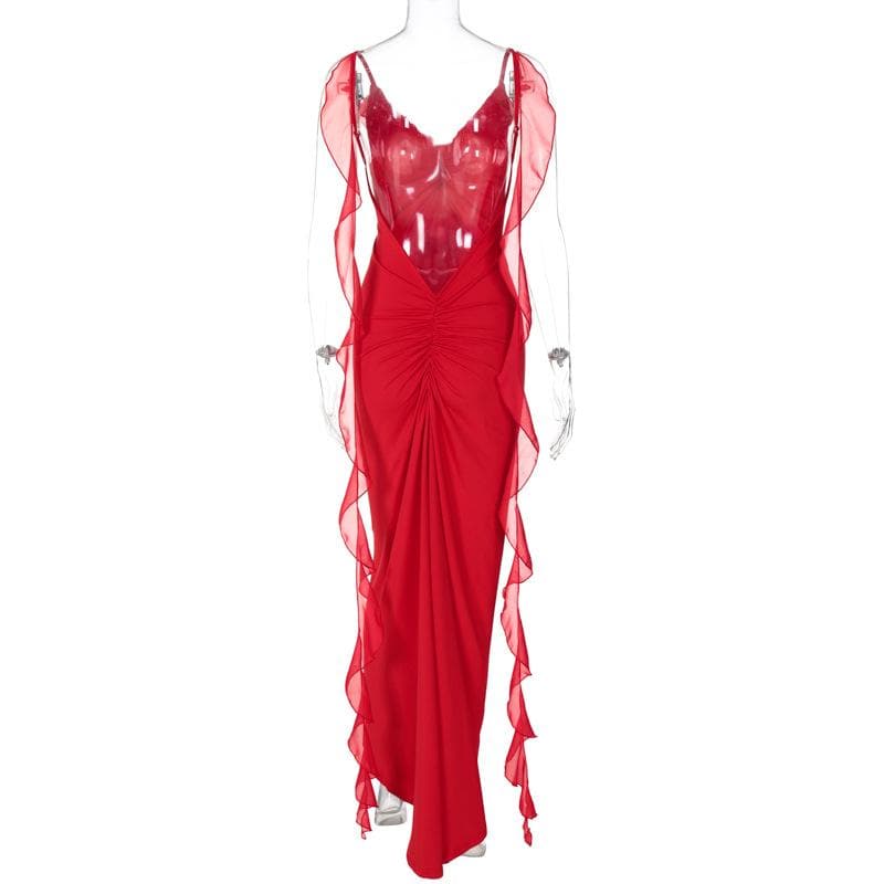 Flower applique ruffle ruched backless cami maxi dress