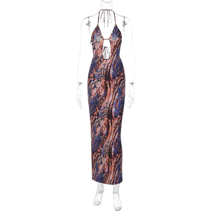 Backless hollow out halter self tie contrast print cut out maxi dress