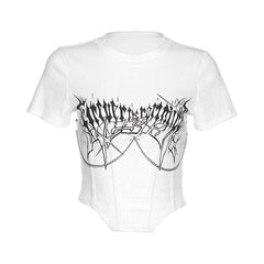 Abstract print metal chain short sleeve crop top