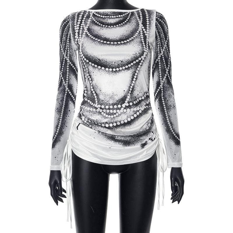 Drawstring long sleeve beaded print contrast backless top