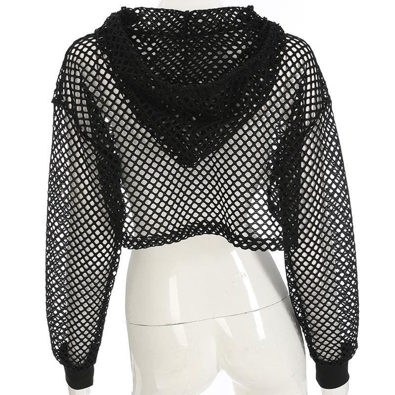 Fishnet hollow out solid long sleeve hoodie shrug cut out top