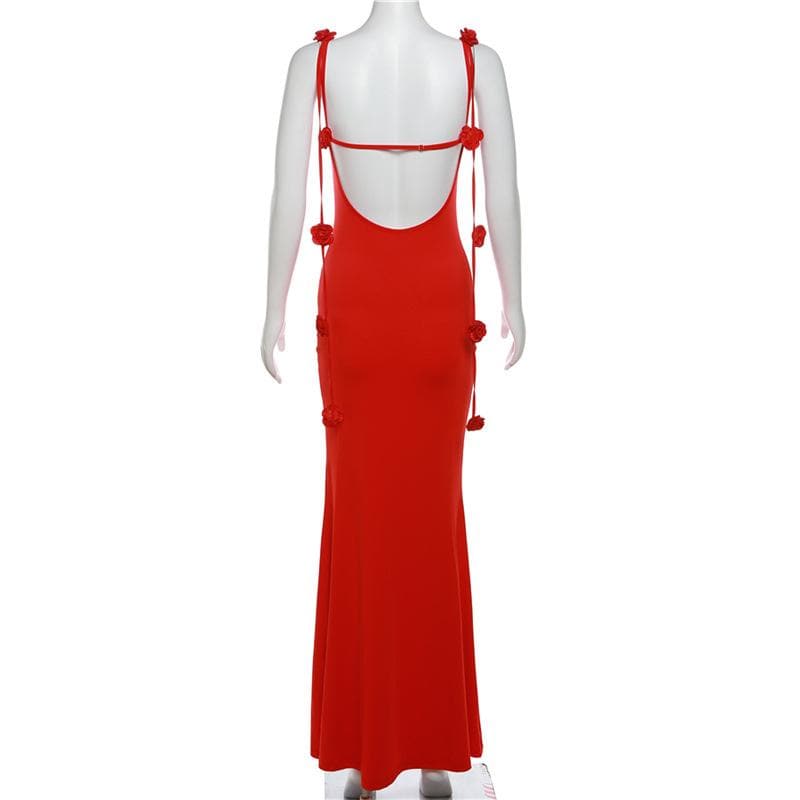 Flower applique backless solid v neck ribbon cami maxi dress