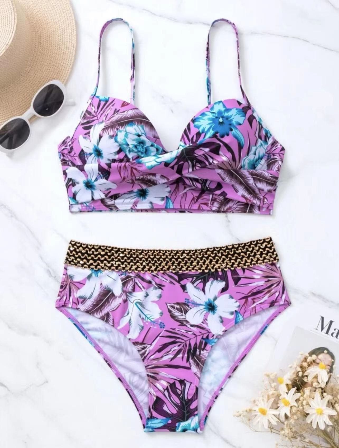 Flower pattern contrast padded backless cami bikini swimwear