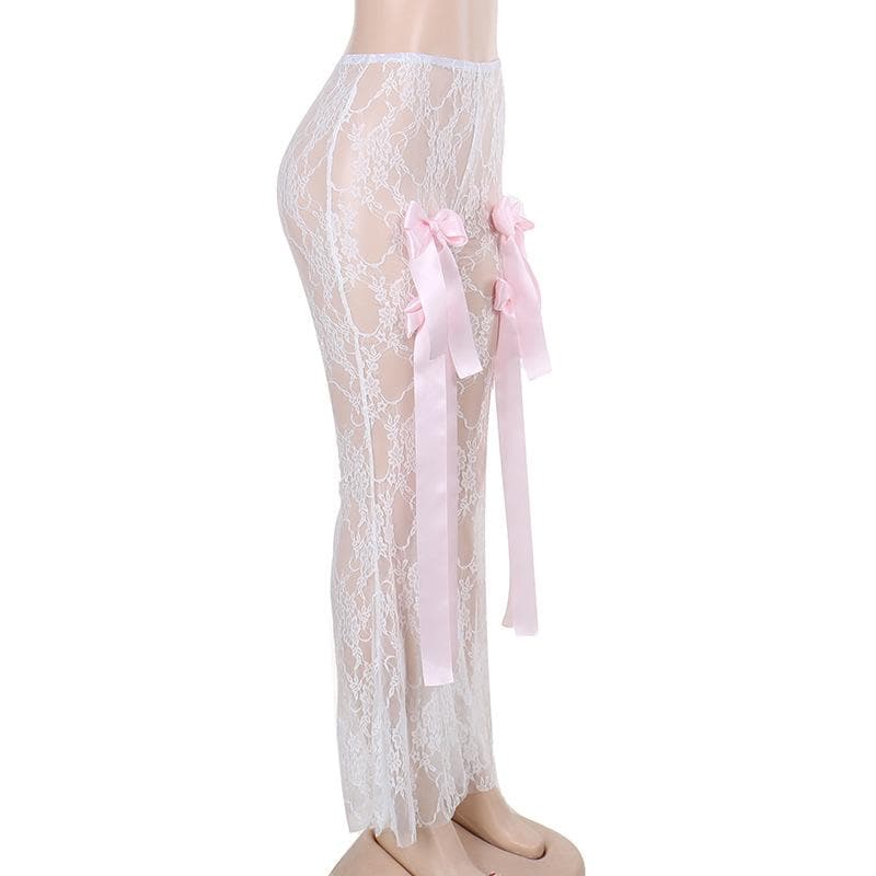 Bowknot ribbon lace see through pant