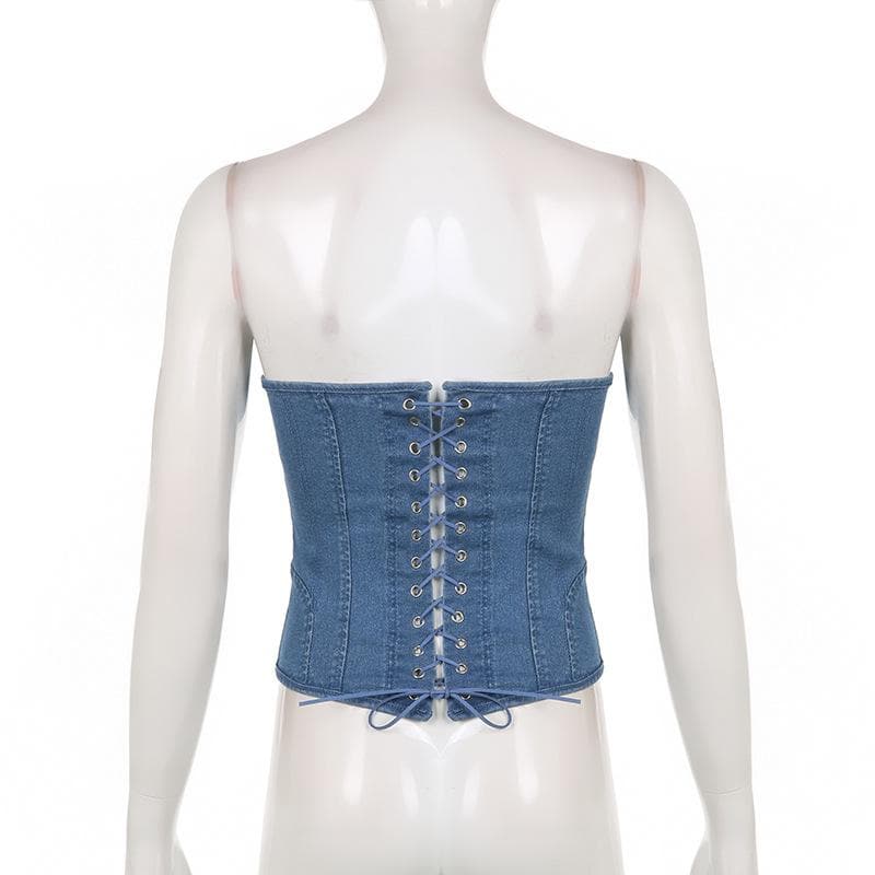 Denim lace up back heart neck tube top