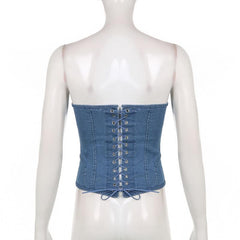 Denim lace up back heart neck tube top