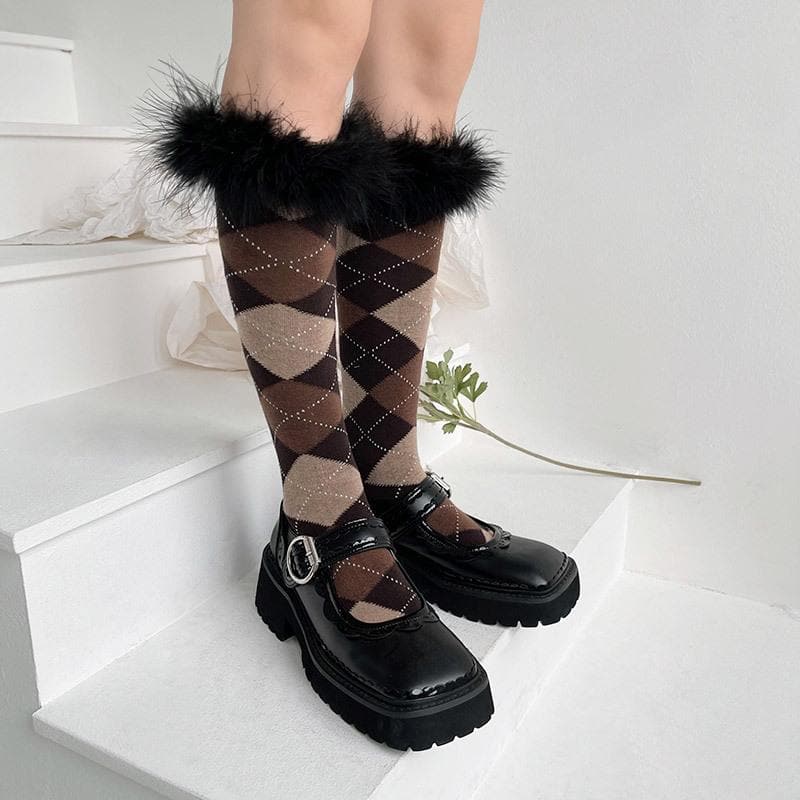 Feather plaid contrast knee high socks