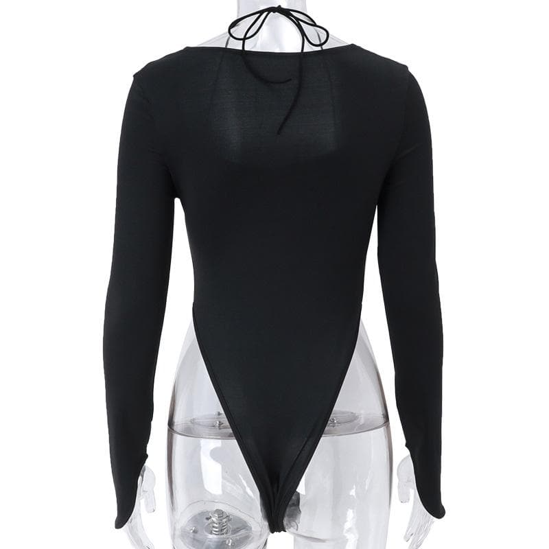 Halter PU leather long sleeve solid square neck bodysuit