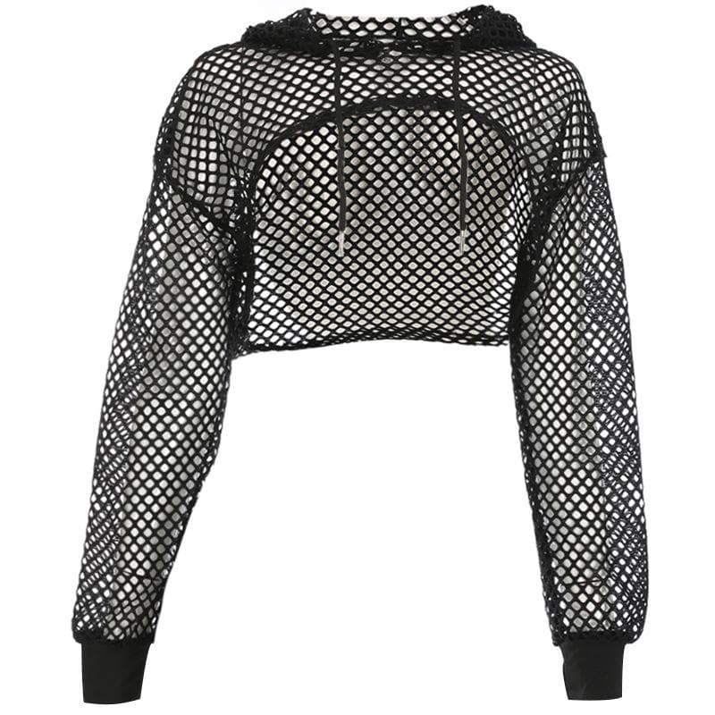 Fishnet hollow out solid long sleeve hoodie shrug cut out top