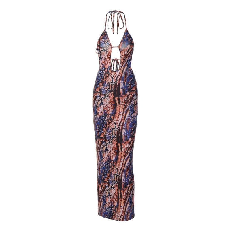 Backless hollow out halter self tie contrast print cut out maxi dress