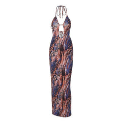 Backless hollow out halter self tie contrast print cut out maxi dress