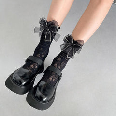 Gauze lace bowknot solid long socks