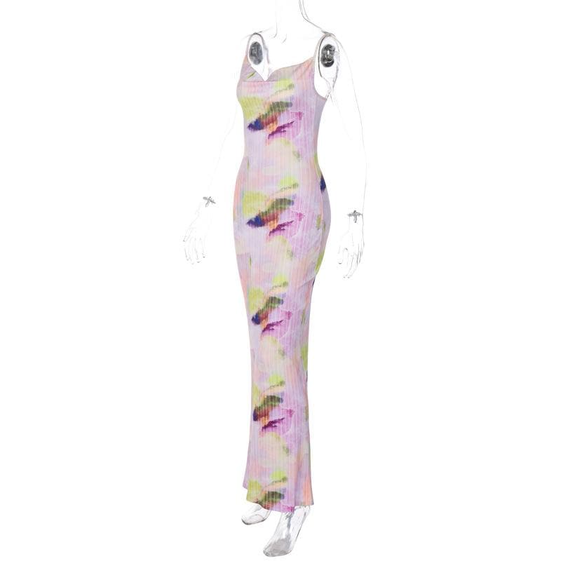 Backless cowl neck v neck contrast print cami maxi dress