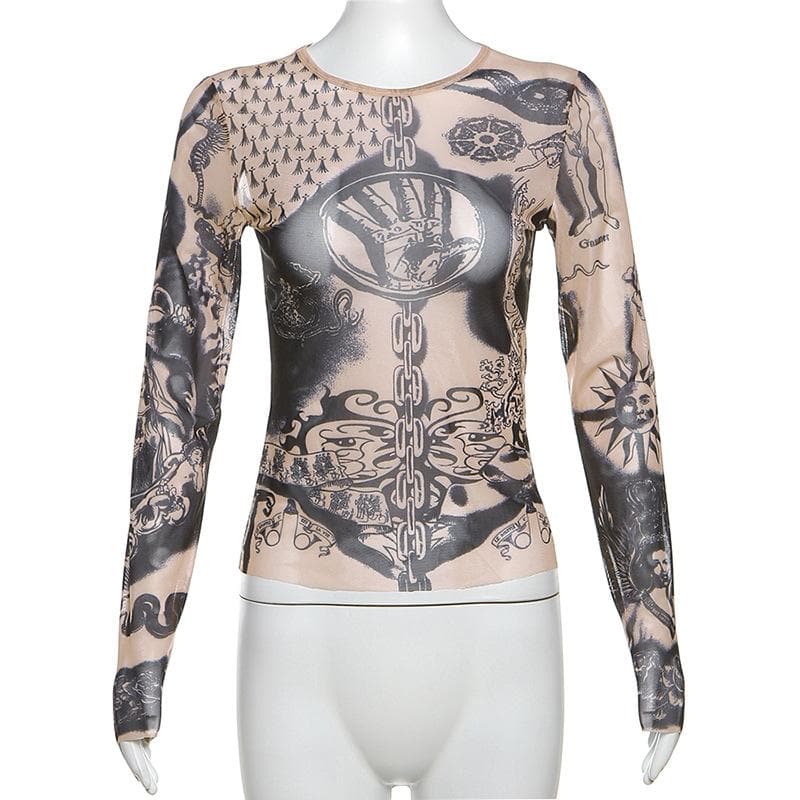 Abstract contrast print sheer mesh see through top