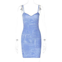 Denim print v neck backless cami mini dress