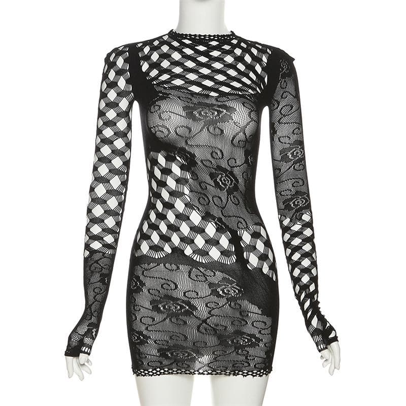 Fishnet long sleeve hollow out see through irregular cut out mini dress