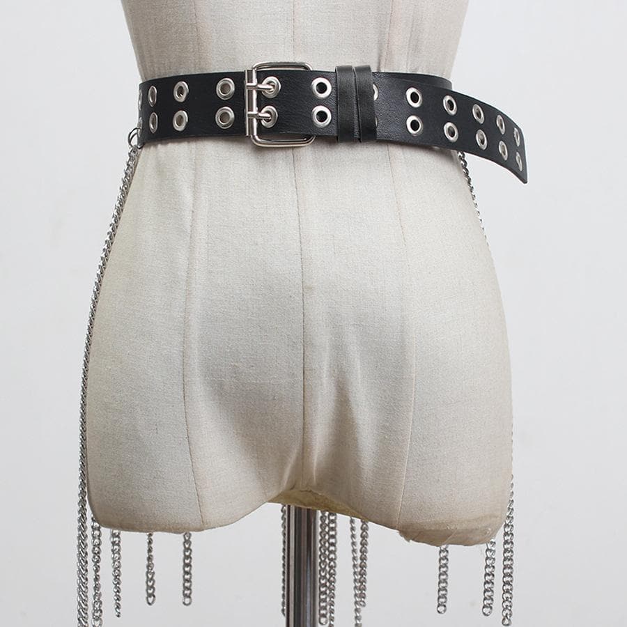 Metal chain tassel hollow out o ring PU leather belt