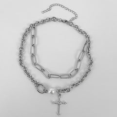 Cross faux pearl layered chain choker necklace