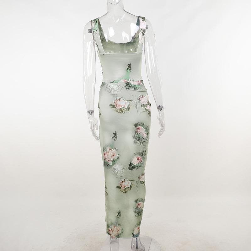 Flower print cowl neck contrast slit ruched sleeveless maxi skirt set