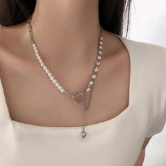 Faux pearl heart pendant rhinestone layered necklace