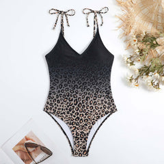 Leopard print self tie backless v neck gradient one piece swimwear