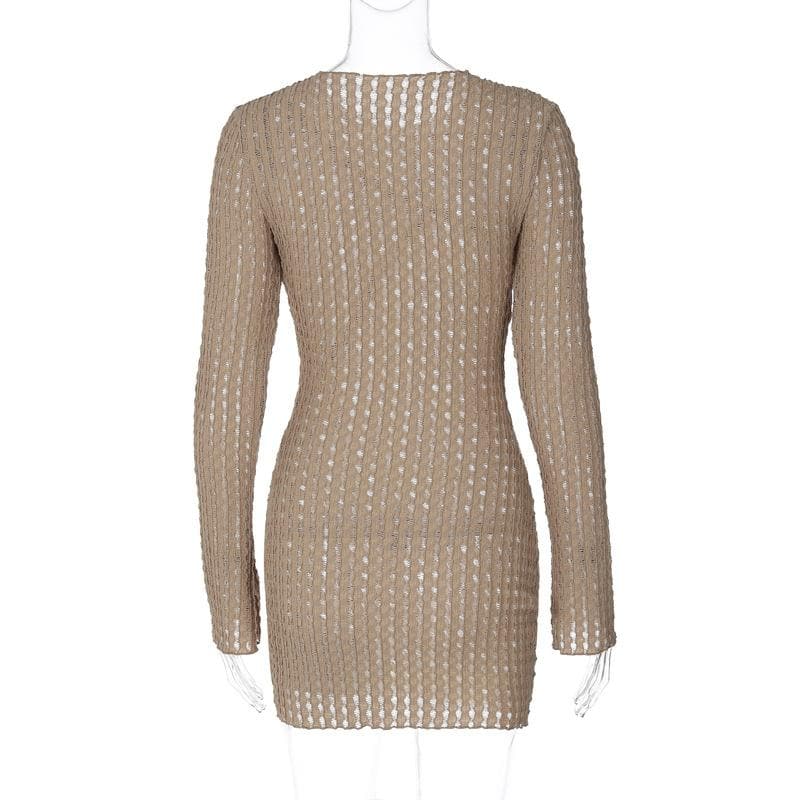 Crewneck long sleeve textured stitch ruffle solid mini dress