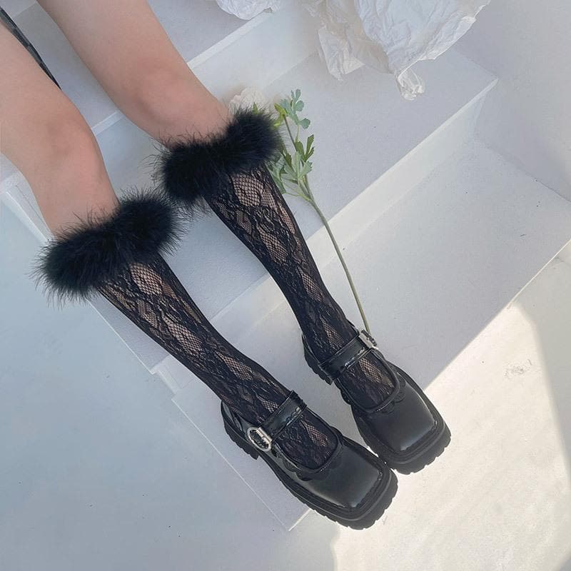 Feather lace hollow out knee high socks