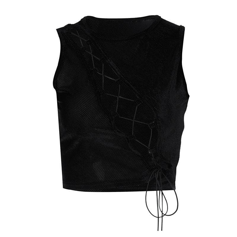 Crewneck lace up sleeveless ribbed crop top