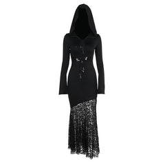 Long sleeve hoodie lace hem cross pattern maxi dress