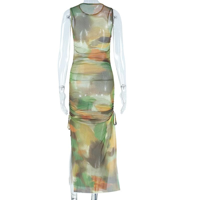 Drawstring ruched tie dye sheer mesh midi dress