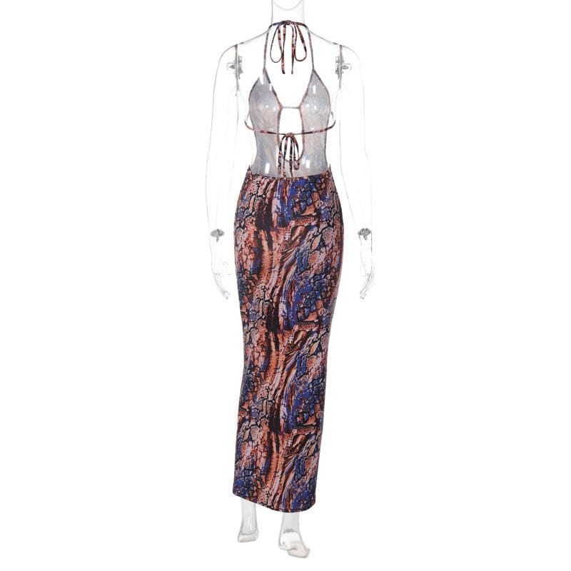 Backless hollow out halter self tie contrast print cut out maxi dress