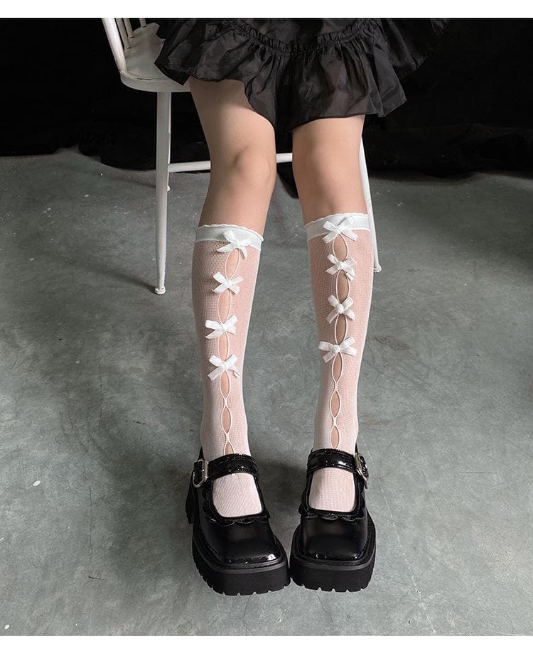 Bowknot hollow out knee high socks