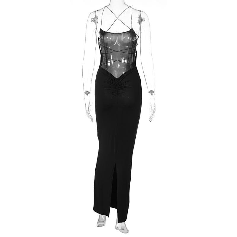 Cross back lace up square neck backless self tie slit maxi dress