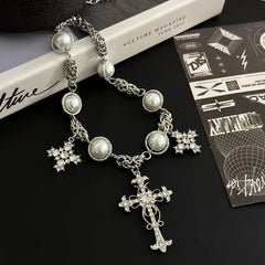 Faux pearl cross pendant choker necklace