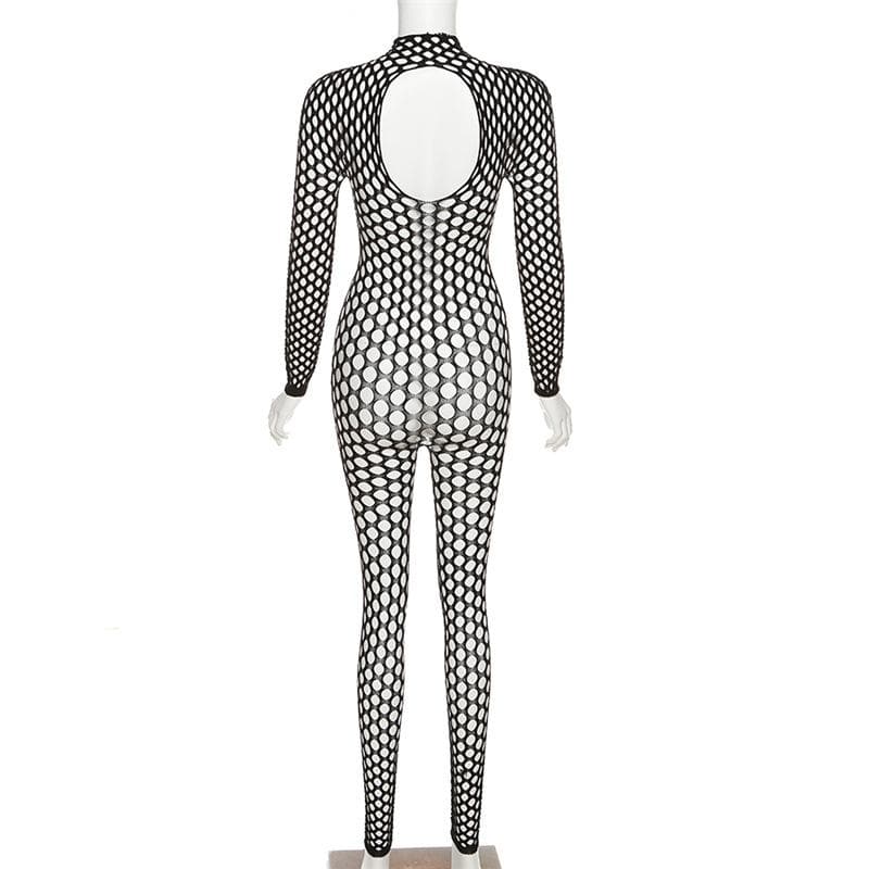 Fishnet long sleeve hollow out see through backless jumpsuit