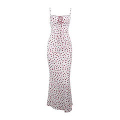 Bowknot ribbon stitch flower print polka dot cami maxi dress