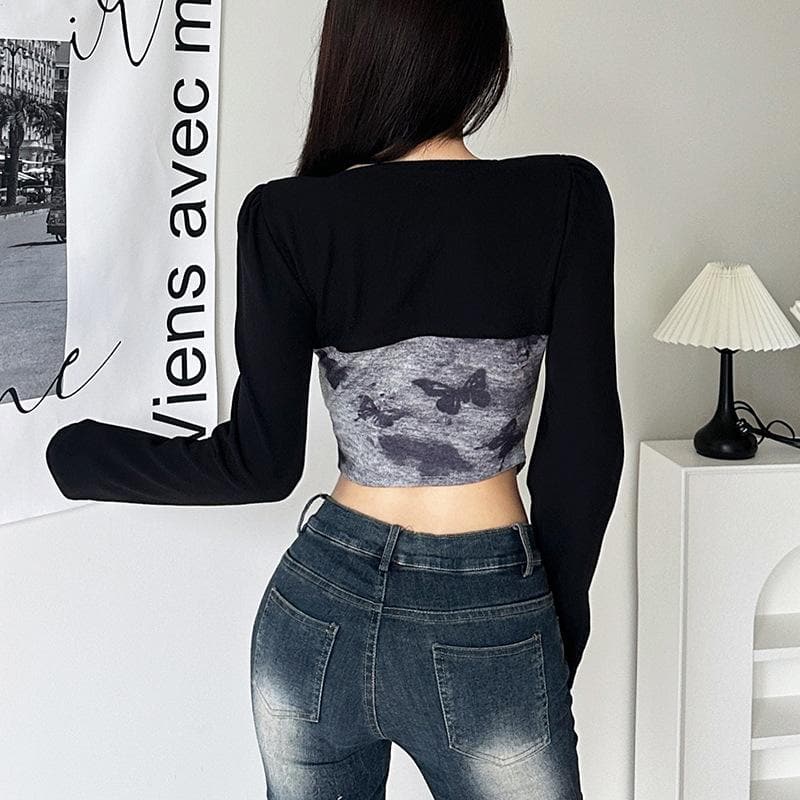 Drawstring tie dye contrast patchwork long sleeve metal chain crop top